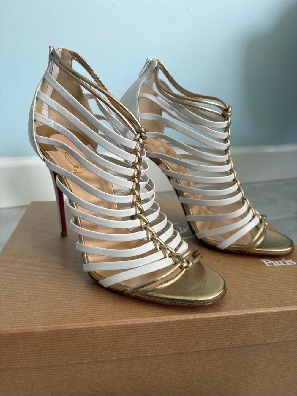 Christian Louboutin White and Gold Strappy High Heel Sandals - Designer Style